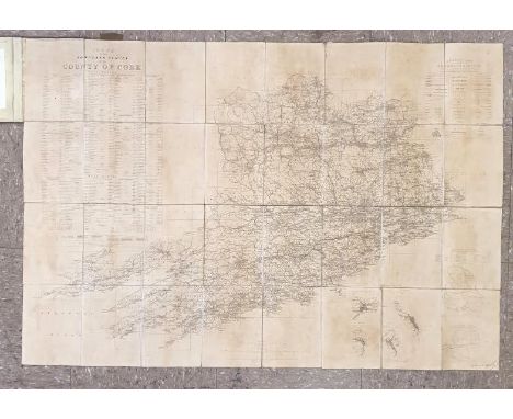 1845 Canvas backed Map of Cork County , names of Baronies, Parishes,Townlands, Cities and Market Towns. Engraved at the Ordna