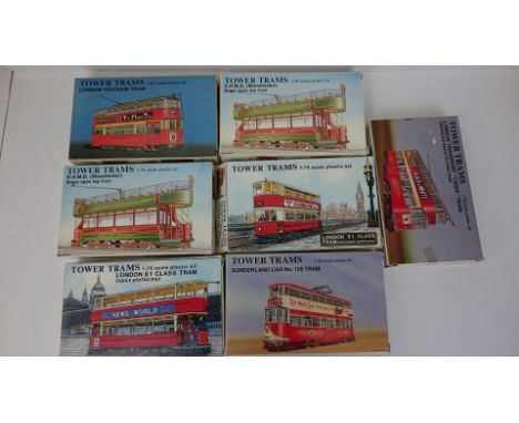 TOWER Trams 7 x 00 scale Plastic Tram Kits. All appear complete but as the Boxes are not sealed completeness cannot be guaran