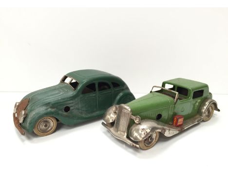Two Triang Minic Pre-War cars: Vauxhall Town Coupe in green with chrome running boards, white tyres and Shell petrol can (G/F