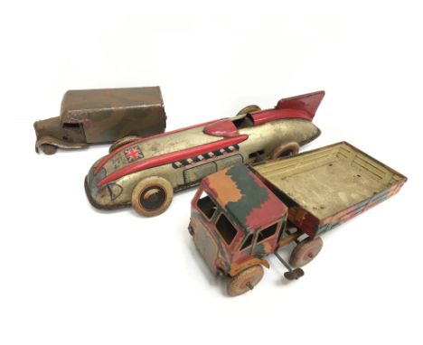Mettoy or similar British manufacturer tinplate racing car in silver and red with Union Jack to bonnet and clockwork motor. L