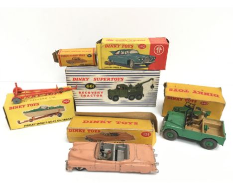 Three Dinky Toys models: 131 Cadillac Tourer; 340 Land Rover; 796 Sports Boat Trailer (boat missing). Playworn in F/P boxes. 