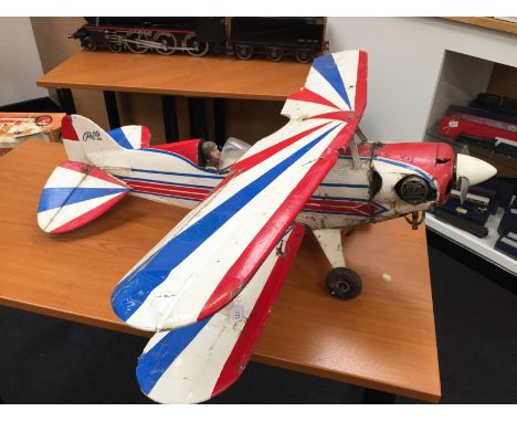 Model Aircraft based on the 1970's Pitts S-2A of balsa-wood construction with pilot figure, propellor and engine. Length 96cm