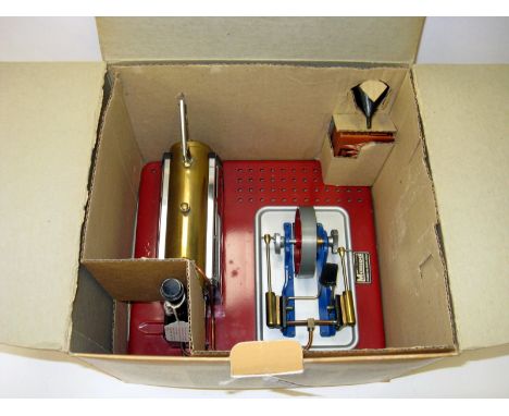MAMOD SP5 2 cylinder Live Steam Engine. Excellent Plus in a slightly grubby Box with Funnel and fuel Tablets. Missing Burner.