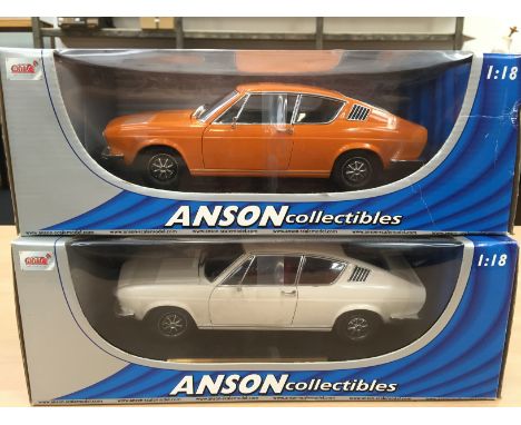 Two Anson Collectibles 1/18 scale Audi 100 Coupe S models, in orange and white. M and boxed.