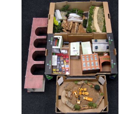 3 x Trays of Scenic items including a Quarry diarama with 6 x vehicles, a Kit Built Metcalfe Road Bridge, a 2' Viaduct, sceni