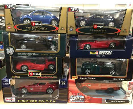 Eight 1/18 scale diecast cars by Bburago, Maisto and Revell, includes Maisto Custom Shop Range Rover Sport and Premiere Editi