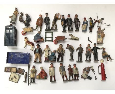 Quantity of lead civilian figures and accessories by Britains and others, includes Johillco man with flour sack, Britains St 
