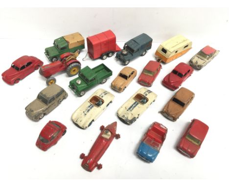 19 x Corgi and Dinky models, mostly cars, includes Dinky Massey-Harris Tractor and Corgi Rice Pony Trailer. Overall F-P unbox