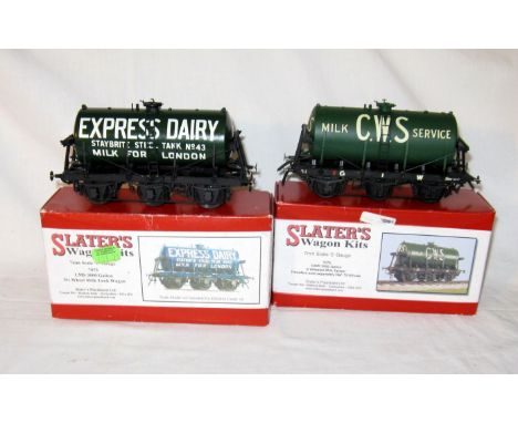 SLATERS Kit Built 0 Gauge Wagons 2 x 3000 Gallon 6 wheeled Tankers - 7073 Express Dairy Tanker # 43 and 7076. Both expertly m