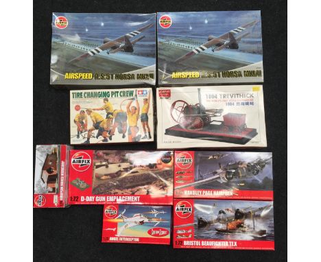 Nine plastic model kits by Airfix and others, includes Tamiya #20031 Tire Changing Pit Crew and Minicraft 1/38 scale 1804 Tre