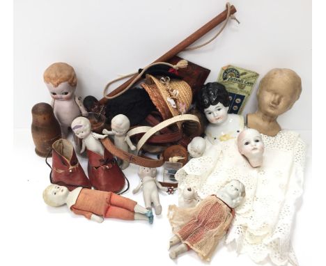 Selection of miniature china dolls and accessories, includes a Kewpie-style doll height 13cm, Gebruder Kuhnlenz '44-18' bisqu