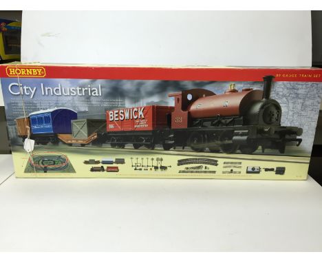 HORNBY R1127 'City Industrial' Ready to Run Train Set comprising a 0-4-0ST, 7 Plank Wagon, Lowmac and Load, 4 wheel Coach, 12