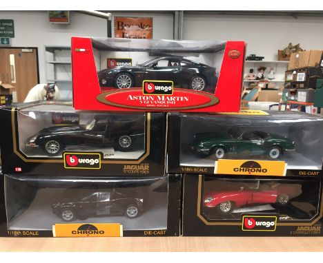 Five 1/18 scale British diecast cars by Chrono and Bburago, comprises 2 x Jaguar, Triumph Spitfire, Aston Martin and Lotus El