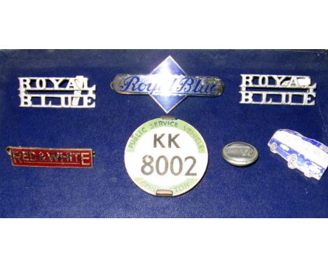 A Bus Conductors PSV Badge, 3 x original Royal Blue Hat/Jacket Badges, a Red & White Hat/Jacket Badge, a 'National' Button an