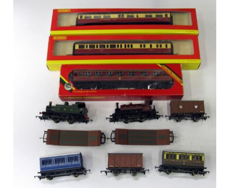 HORNBY 2 x 0-4-0T's, 5 x Coaches 4 x Goods Wagons 0-6-0T's -R2431 GWR Green #105 and R1127 F&R Maroon 0-6-0ST no 33 (ex Set) 