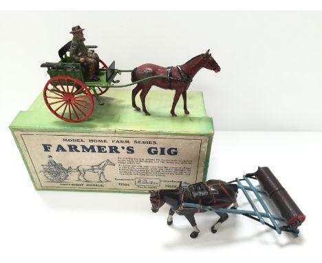 Britains Farm Series No.20F Farmer's Gig in green and black with red spoked wheels, brown horse and farmer. G+ in VG box. Tog