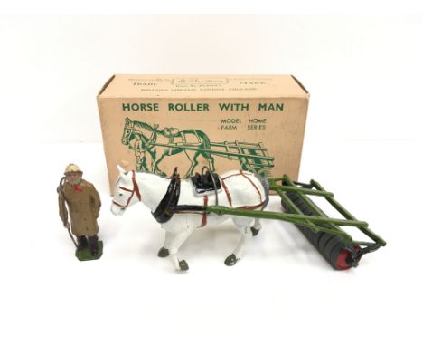 Britains Farm Series 9F Horse Roller and Man, comprising grey roller with green shafts, white horse and farmer figure. Overal