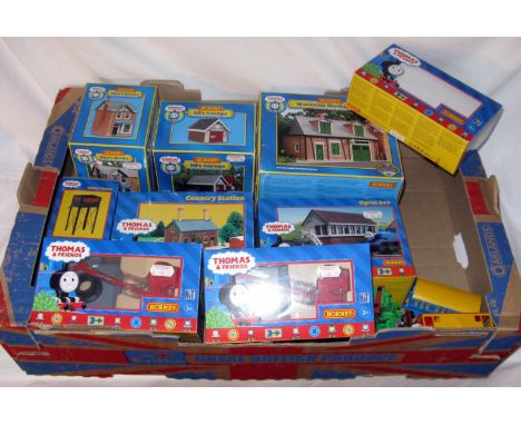 A tray containing Mint Boxed Thomas and Friends items - R9047 0-4-0T 'Bill, 2 x R9223 Goods Yard Cranes, R9230 Signal Box, R9