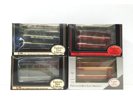 Four EFE (Exclusive First Editions) 1/76 scale tram models: 13404 Leeds Horsfield Tramcar W.WII livery; 13403 Leed Transports