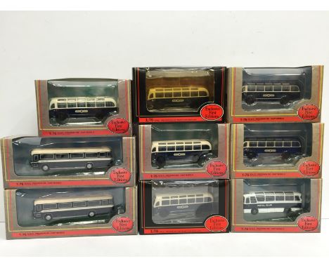 Nine  EFE (Exclusive First Editions) 1/76 scale Royal Blue coaches, includes #99705 Victoria Coach Station Anniversary Series