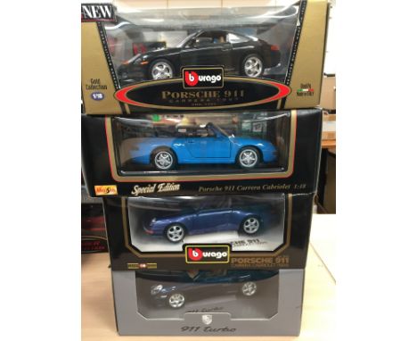 Four 1/18 scale Porsche 911 models by Bburago and Maisto. Appear VG-M and boxed.