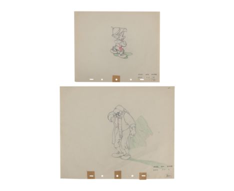 PINOCCHIO (1940) - Two Original Production Pencil Drawings of Geppetto and Pinocchio Dancing - A pair of original production 