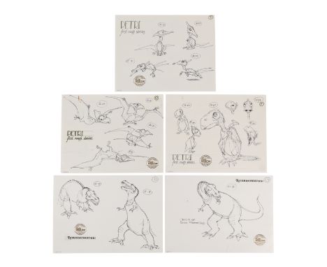 THE LAND BEFORE TIME (1988) - Five Sheets of Petrie and Tyrannosaurus Original Early Design Sketches - A set of five sheets o