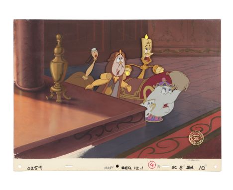 BEAUTY AND THE BEAST (1991) - Lumiere, Cogsworth, Mrs. Potts, Chip and Sultan Hand-Painted Cel Setup and Production Backgroun