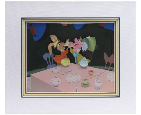 ALICE IN WONDERLAND (1951) - Mad Hatter and March Hare Tea Party Original Production Cel and Presentation Background -Few sce