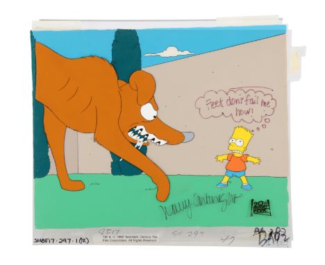 SIMPSONS, THE (TV SERIES, 1989-PRESENT) - Bart Cornered By Santa's Little Helper Original Production Cel and Production Backg