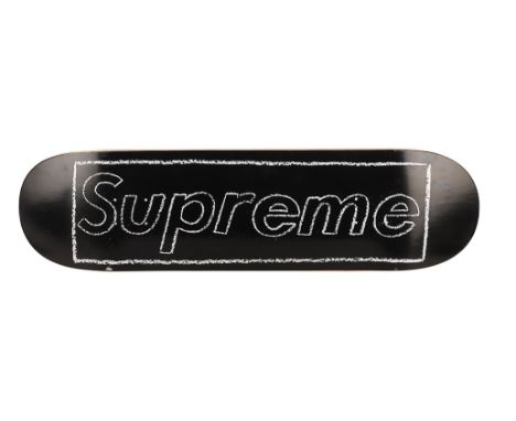 SUPREME X KAWS - Chalk Logo Skateboard Deck (Black), 2021 - A chalk logo skateboard deck made in collaboration between New Yo
