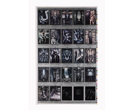 HR GIGER - H.R. Giger-Autographed Tarot Cards Proof Print - A page of tarot card proofs autographed by Swiss surrealist artis