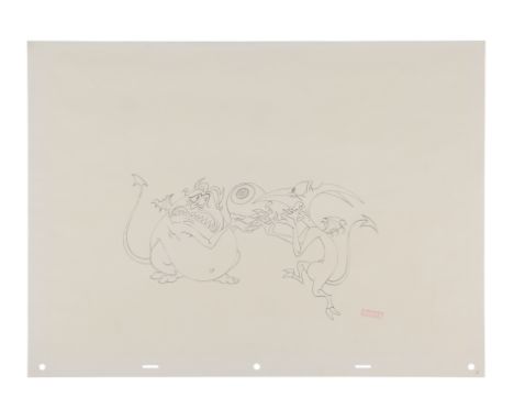 DISNEY'S HERCULES (1997) - Pain and Panic Original Concept Drawing - A detailed black pencil concept cleanup drawing featurin