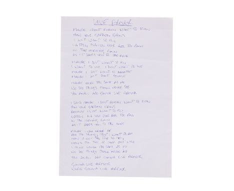 OASIS - Noel Gallagher Handwritten ''Live Forever'' Lyrics - The lyrics for the Oasis song "Live Forever" handwritten by Noel