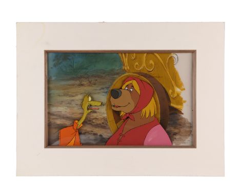 ROBIN HOOD (1973) - Sir Hiss and Little John Original Production Cel and Background - An original multi-layer production anim
