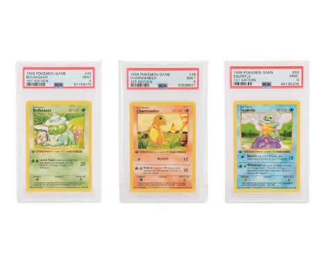 POKEMON - PSA 9 Graded Bulbasaur, Charmander and Squirtle 1st Edition Shadowless Base Set Cards - A set of three Pokemon Shad