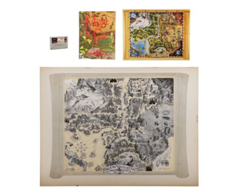 SUPER NINTENDO: MIGHT AND MAGIC II - Preliminary Map of the World Cron Sketch, Signed Guidebook, Poster and Game Cartridge - 
