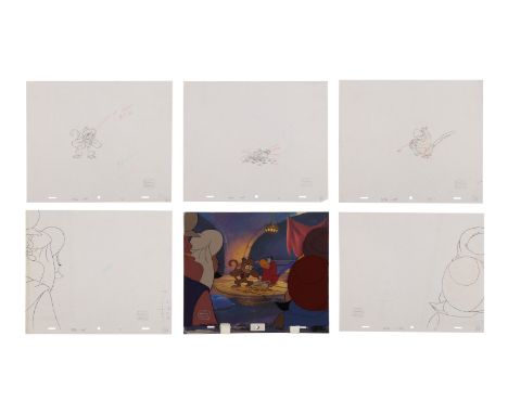 ALADDIN (TV SERIES, 1994-1995) - Abu and Iago Original Production Cel, Background and Matching Drawings - An original multi-l