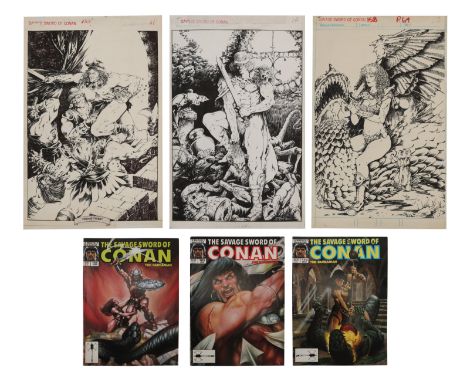 SAVAGE SWORD OF CONAN (1974 - 1995) - Three Savage Sword of Conan Original Splash Page Artworks by Jim Fletcher and Three Com