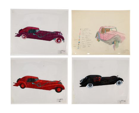 ONE HUNDRED AND ONE DALMATIANS (1961) - Set of Three Cruella de Vil Car Production Colour Model Cels and Colour Key Study Dra