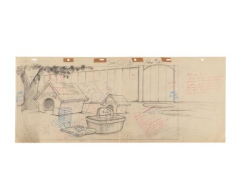 PUP ON A PICNIC (1955) - Spike and Tyke Original Camera Layout Pencil Drawing - An original camera layout drawing showing Spi