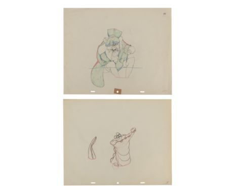 PETER PAN (1953) - Two Original Production Pencil Drawings of Captain Hook and The Crocodile  - A pair of original production