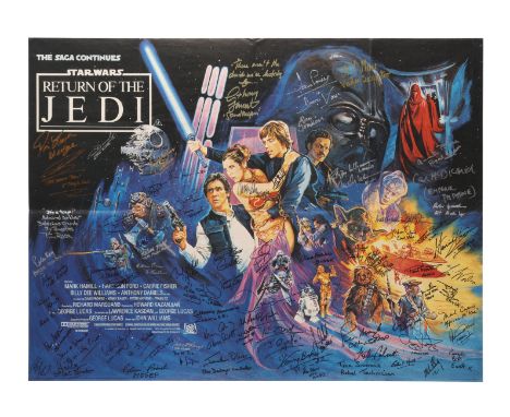 STAR WARS: RETURN OF THE JEDI (1983) - Cast and Crew-Autographed Original UK Quad - A cast and crew autographed original UK q