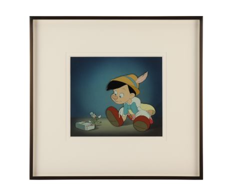 PINOCCHIO (1940) - Framed Pinocchio and Jiminy Cricket Original Production Cel on Courvoisier Background - An original produc