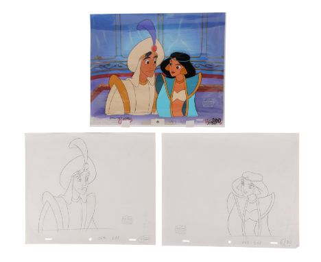 ALADDIN (TV SERIES, 1994-1995) - Aladdin and Princess Jasmine Original Production Cel, Background and Matching Drawings - An 