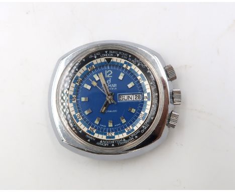 A Josmar gents World Timer divers watch with blue enamel dial, Arabic numeral at 12 o'clock with baton markers, day date aper