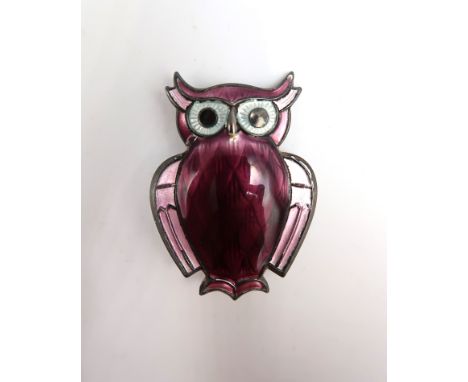 A silver and purple enamel David Andersen Norwegian owl brooch - in good condition 
