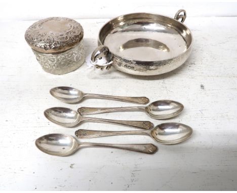 H.M. Silver items including twin handled bowl with hammered finish, five teaspoons, silver topped trinket pot. 4.97 Troy Oz. 