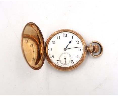 An Al. Denison gold plated full hunter pocket watch with Arabic numerals to white enamel dial with subsidiary seconds at 6 o'