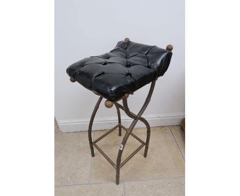 A metal framed high stool with black button cushion seat - Height 89cm x Depth 49cm x Width 34cm - in good condition 